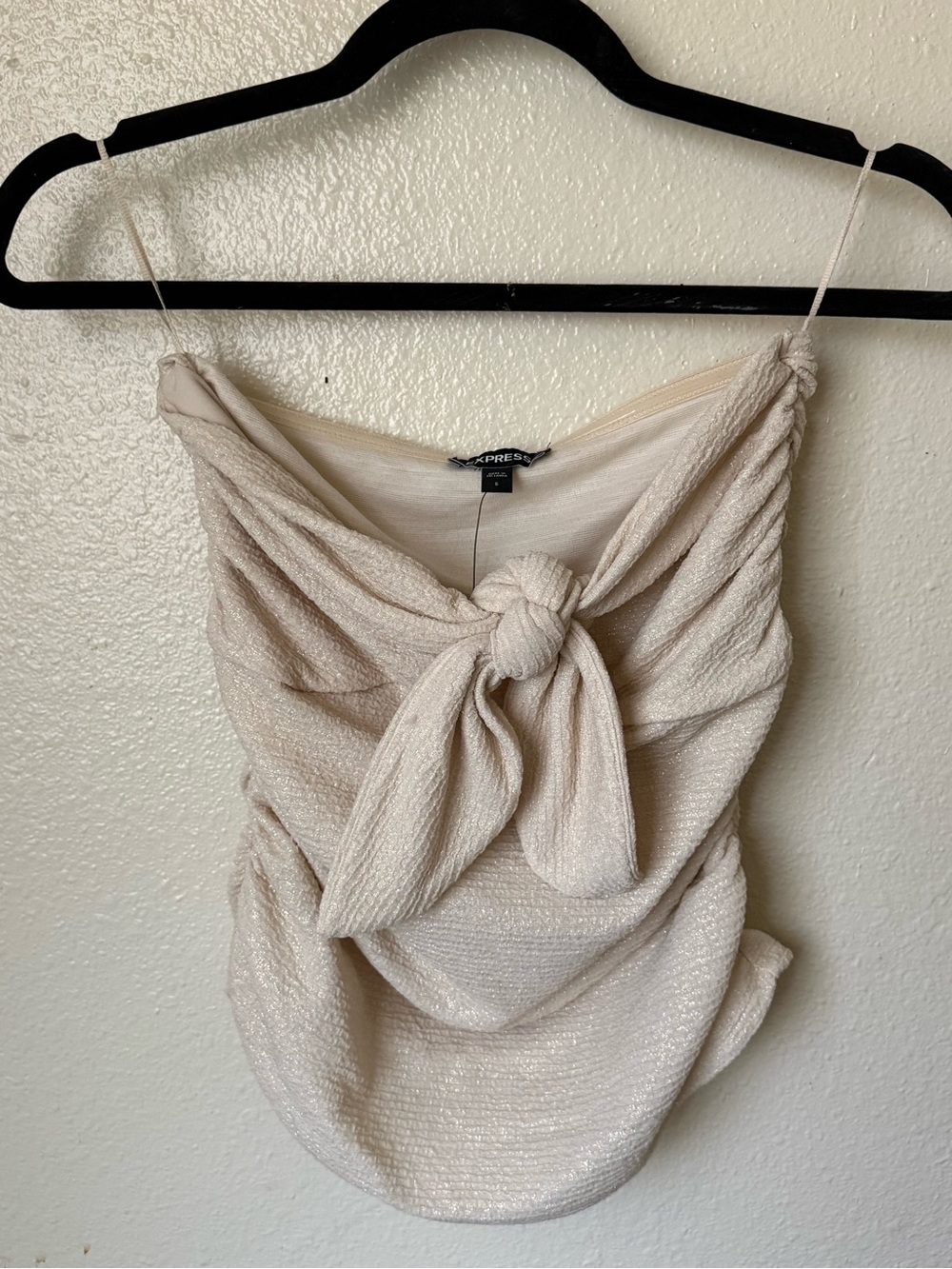 Express Cream Shimmery Strapless Knot Front Top
